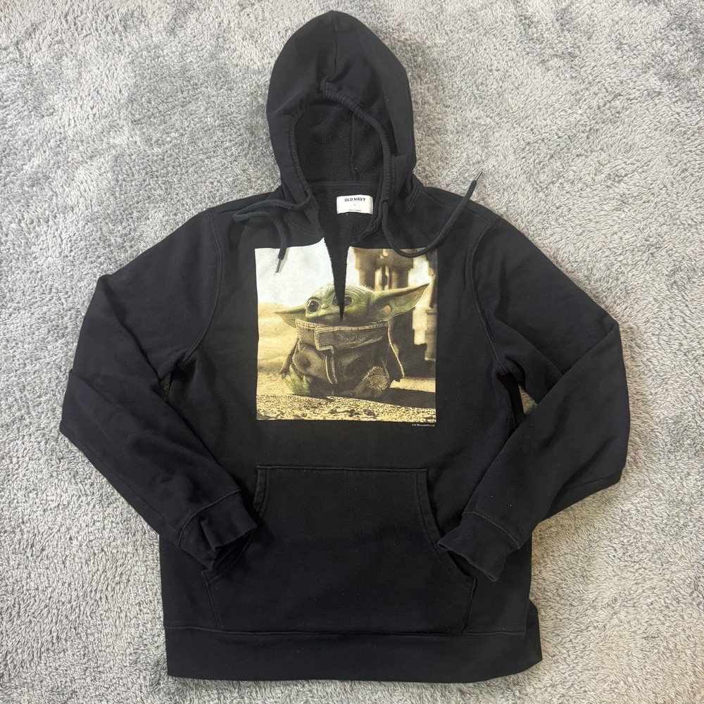Old Navy Mens Star Wars Grogu Hoodie Medium Black Graphic Fleece